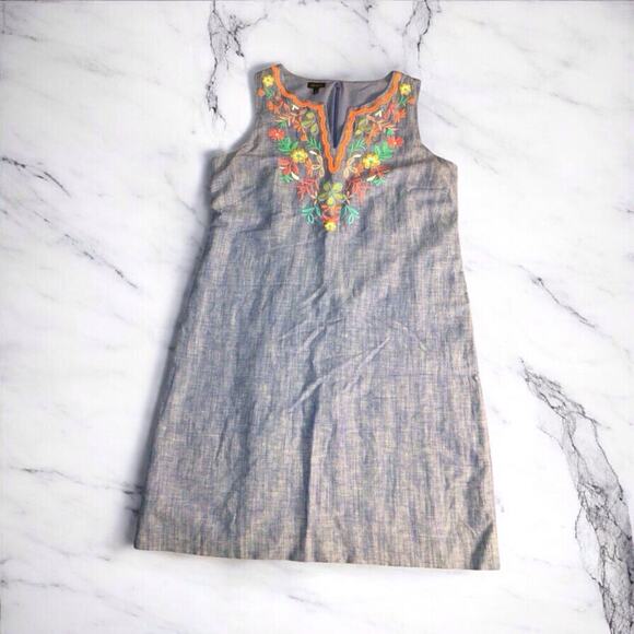 Talbots Embroidered Floral Linen Shift Dress Women 8 Blue Boho Retro Cottagecore - Picture 1 of 10